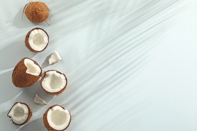 Photo of Fresh coconuts and shadow cast by tropical palm on light background, flat lay. Space for text