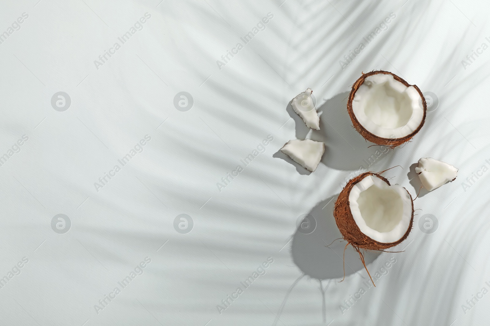 Fresh coconut and shadow cast by tropical palm on light background, flat lay. Space for text Photo of Fresh coconut and shadow cast by tropical palm on light background, flat lay. Space for text
