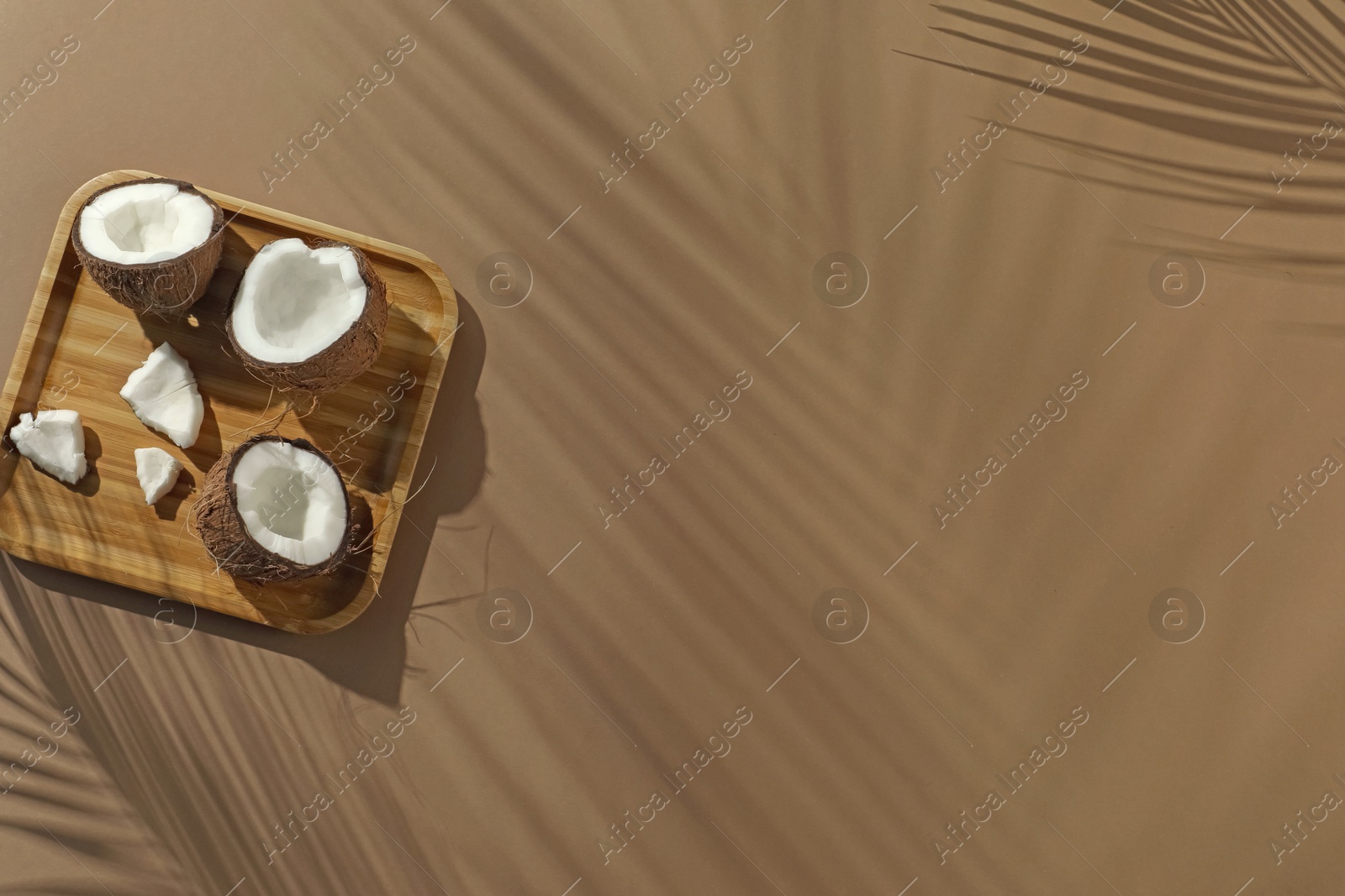 Fresh coconuts and shadow cast by tropical palm on beige background, top view. Space for text Photo of Fresh coconuts and shadow cast by tropical palm on beige background, top view. Space for text