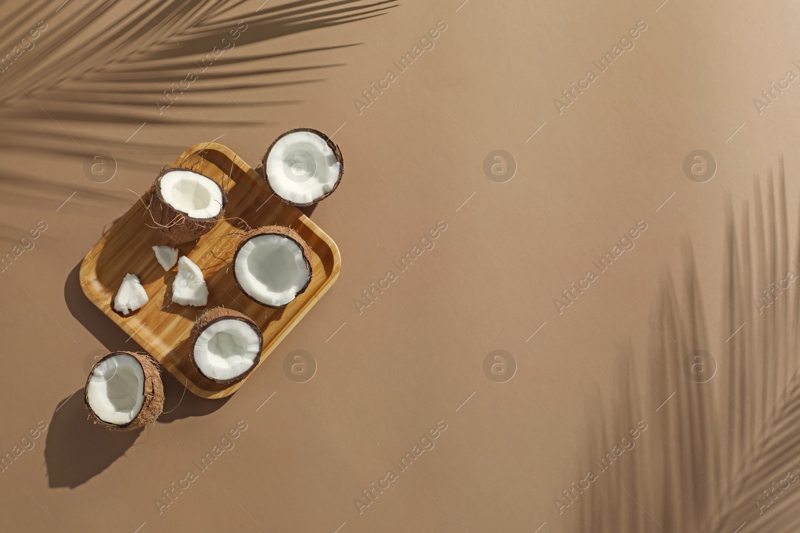 Fresh coconuts and shadow cast by tropical palm on beige background, top view. Space for text Photo of Fresh coconuts and shadow cast by tropical palm on beige background, top view. Space for text