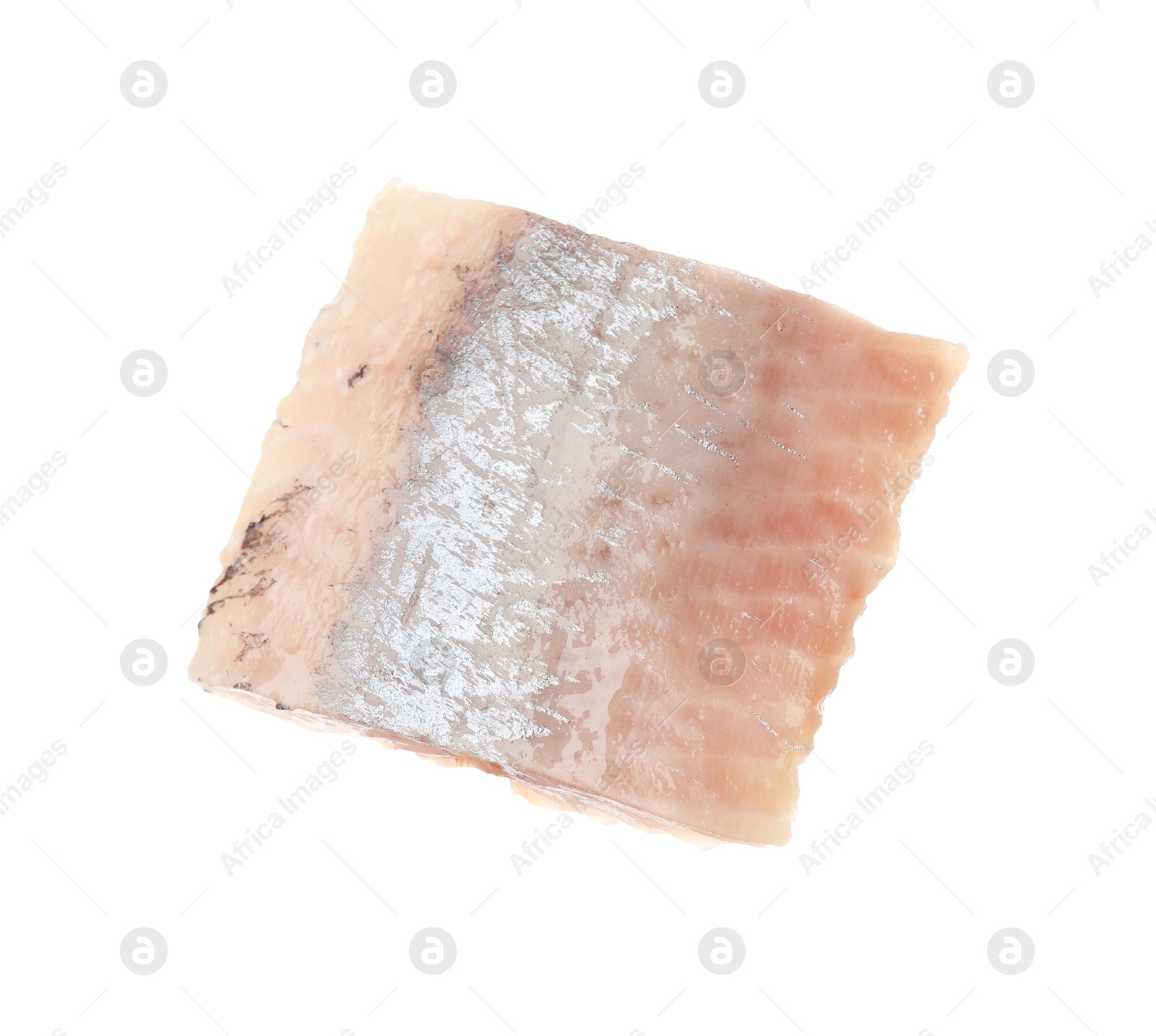 Piece of delicious herring isolated on white Photo of Piece of delicious herring isolated on white