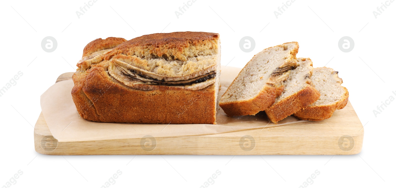 Pieces of banana bread isolated on white Photo of Pieces of banana bread isolated on white