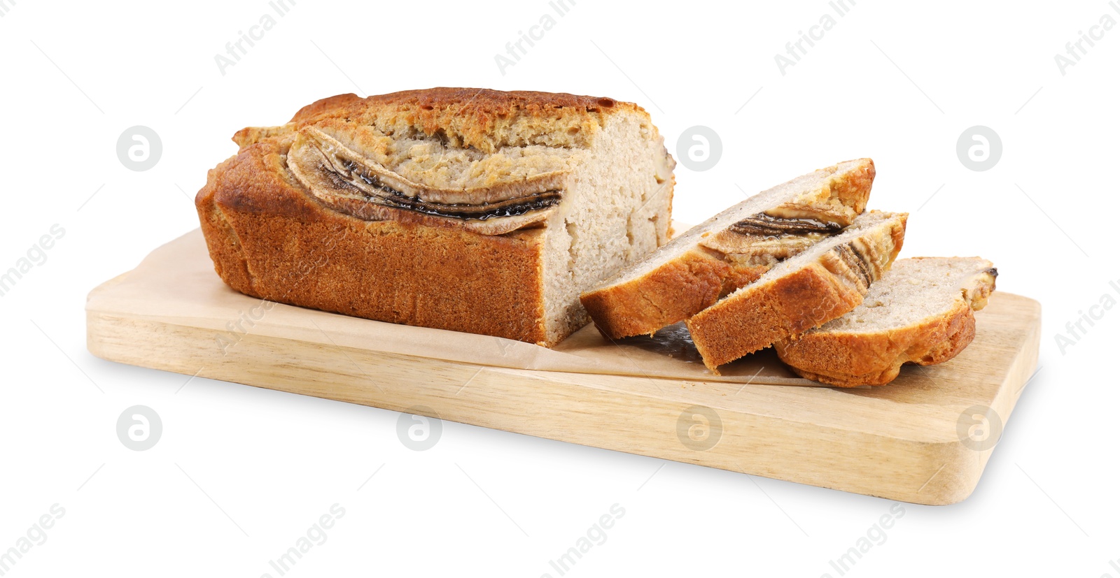Pieces of banana bread isolated on white Photo of Pieces of banana bread isolated on white