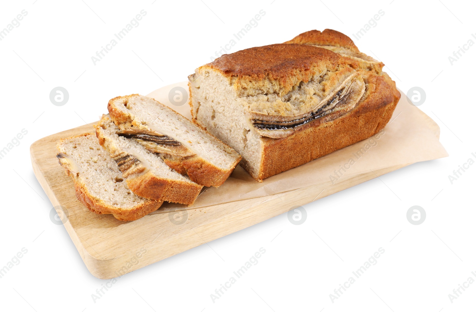 Pieces of banana bread isolated on white Photo of Pieces of banana bread isolated on white