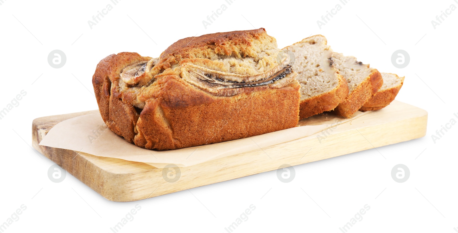 Pieces of banana bread isolated on white Photo of Pieces of banana bread isolated on white