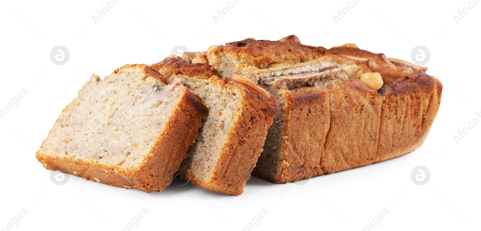Cut banana bread with nuts isolated on white Photo of Cut banana bread with nuts isolated on white