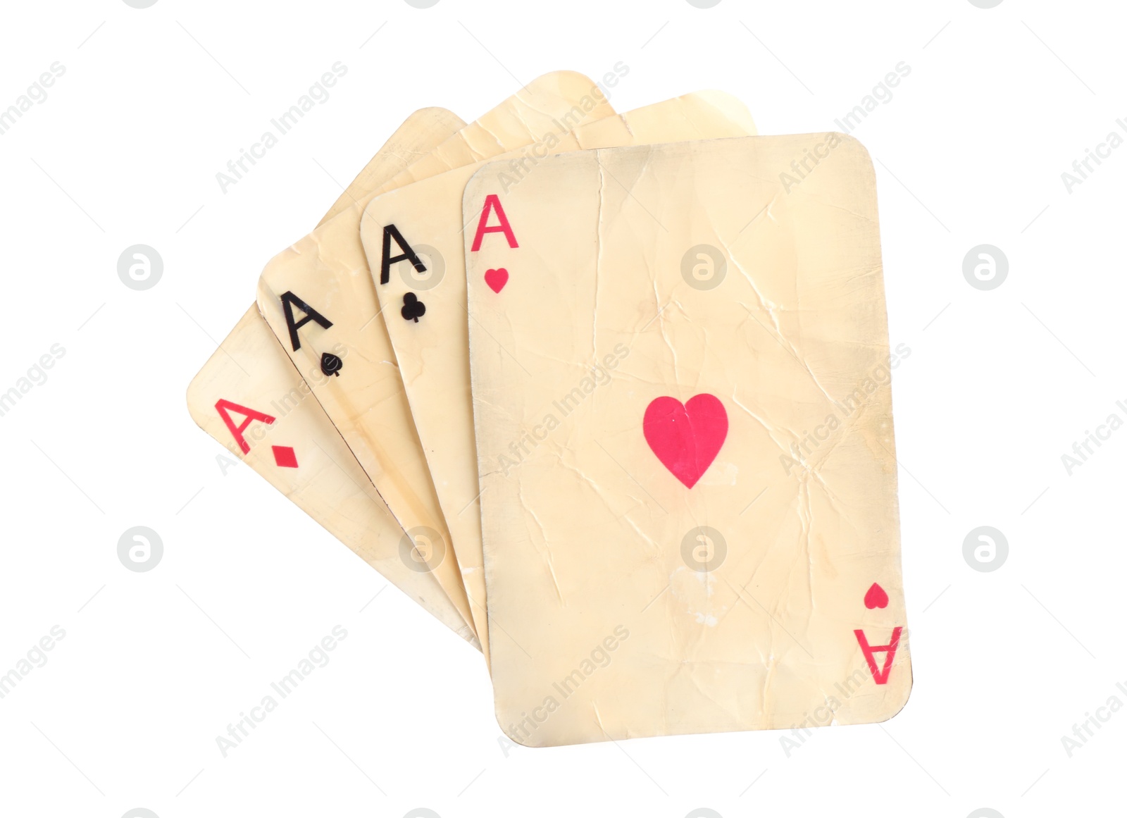 Old vintage playing cards isolated on white Photo of Old vintage playing cards isolated on white