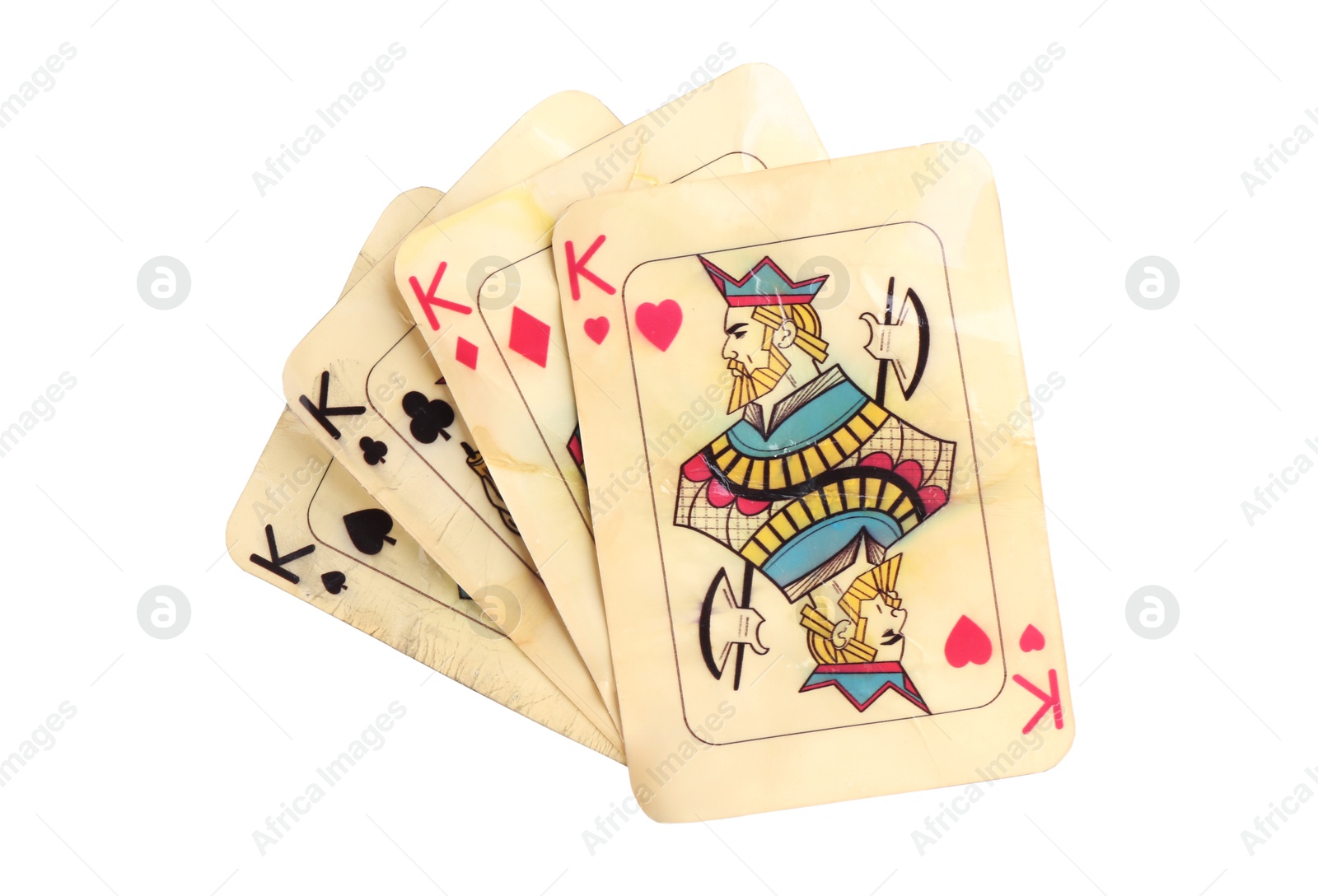 Old vintage playing cards isolated on white Photo of Old vintage playing cards isolated on white