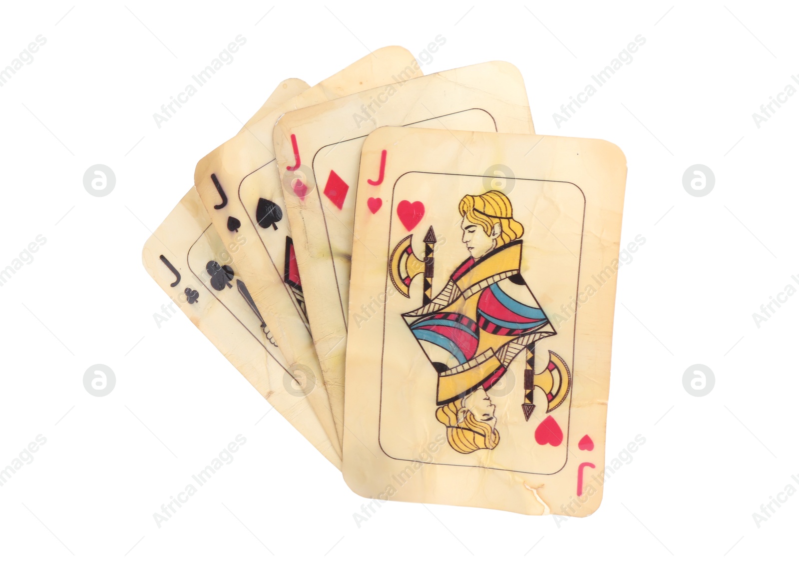 Old vintage playing cards isolated on white Photo of Old vintage playing cards isolated on white