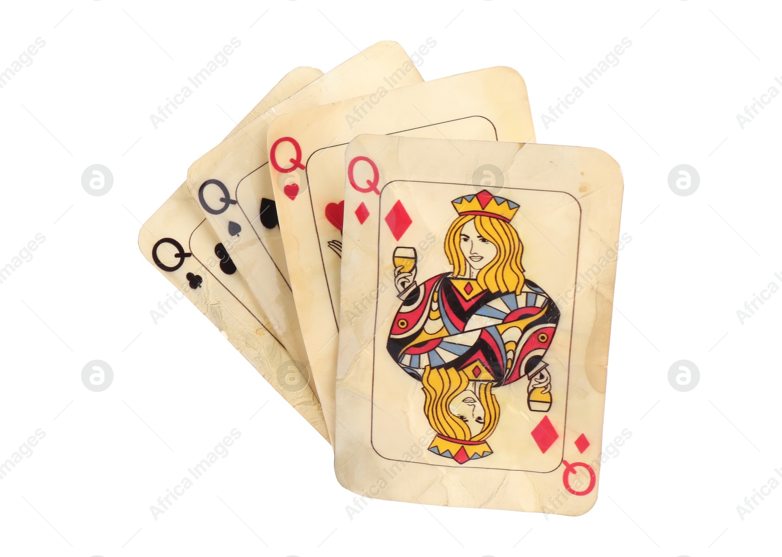 Old vintage playing cards isolated on white Photo of Old vintage playing cards isolated on white
