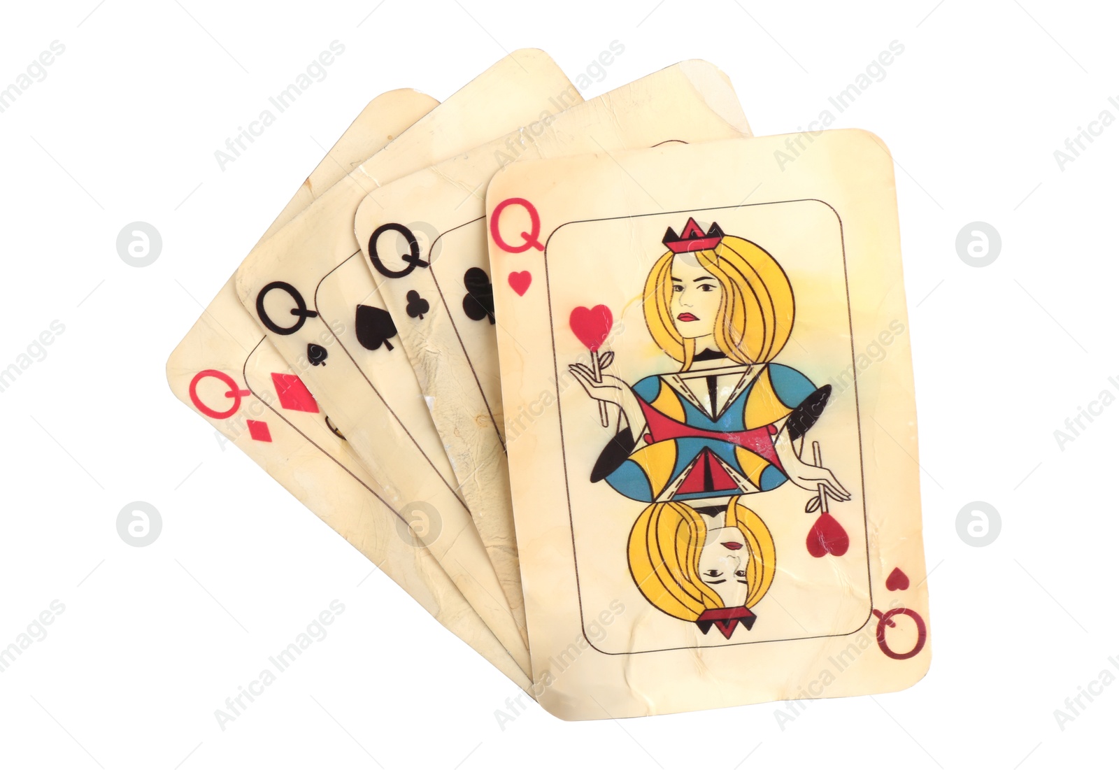 Old vintage playing cards isolated on white Photo of Old vintage playing cards isolated on white