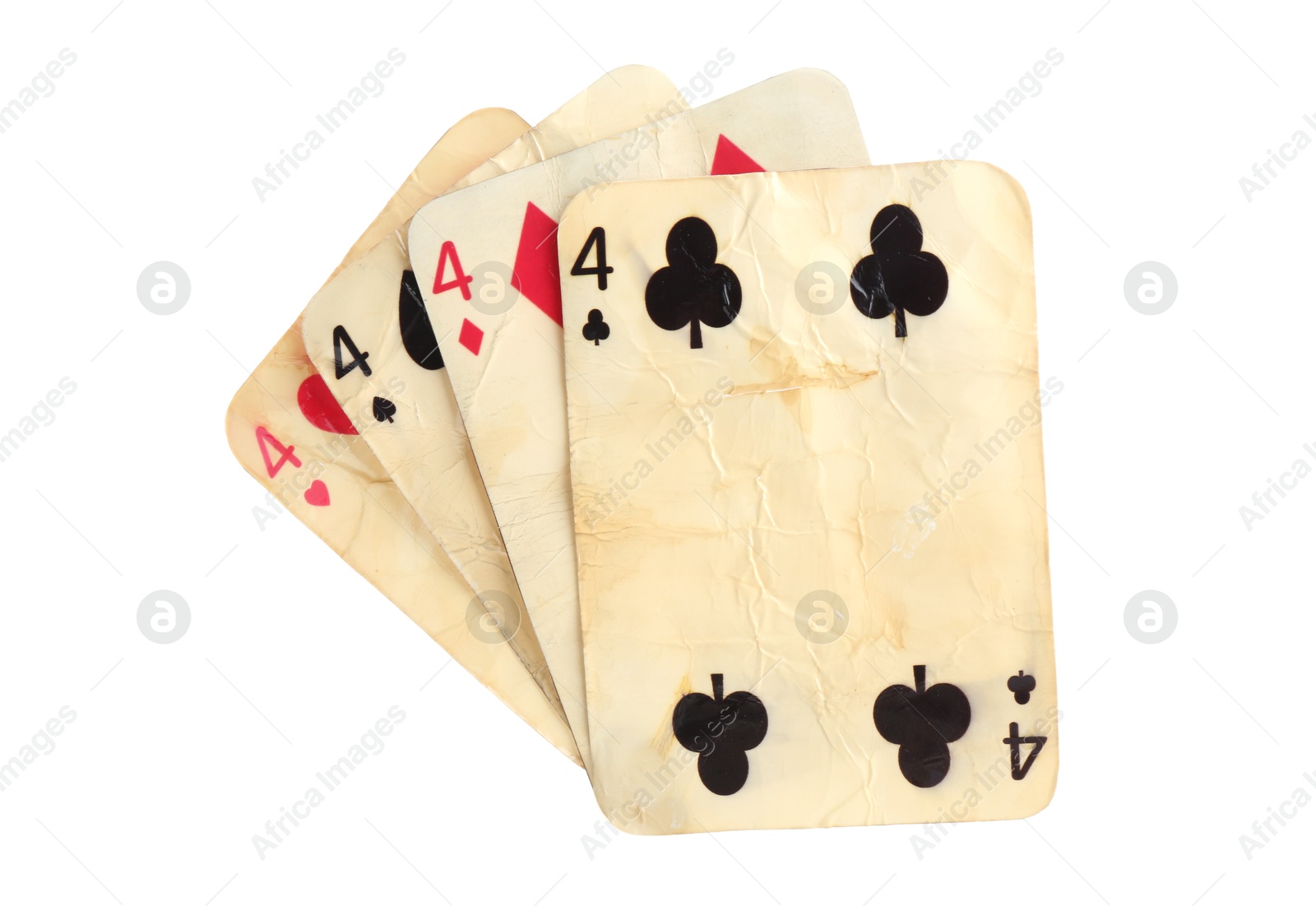 Old vintage playing cards isolated on white Photo of Old vintage playing cards isolated on white