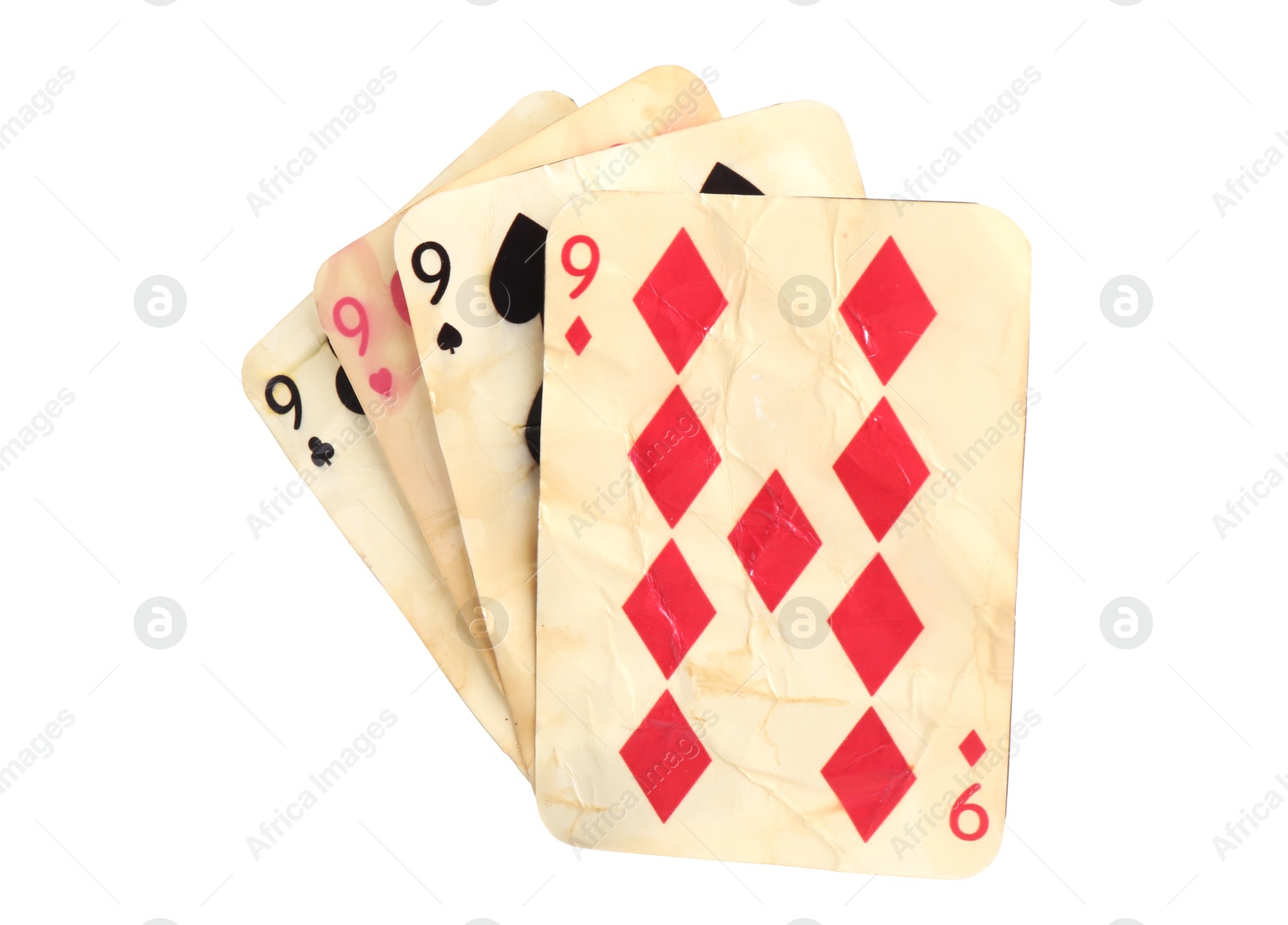Old vintage playing cards isolated on white Photo of Old vintage playing cards isolated on white