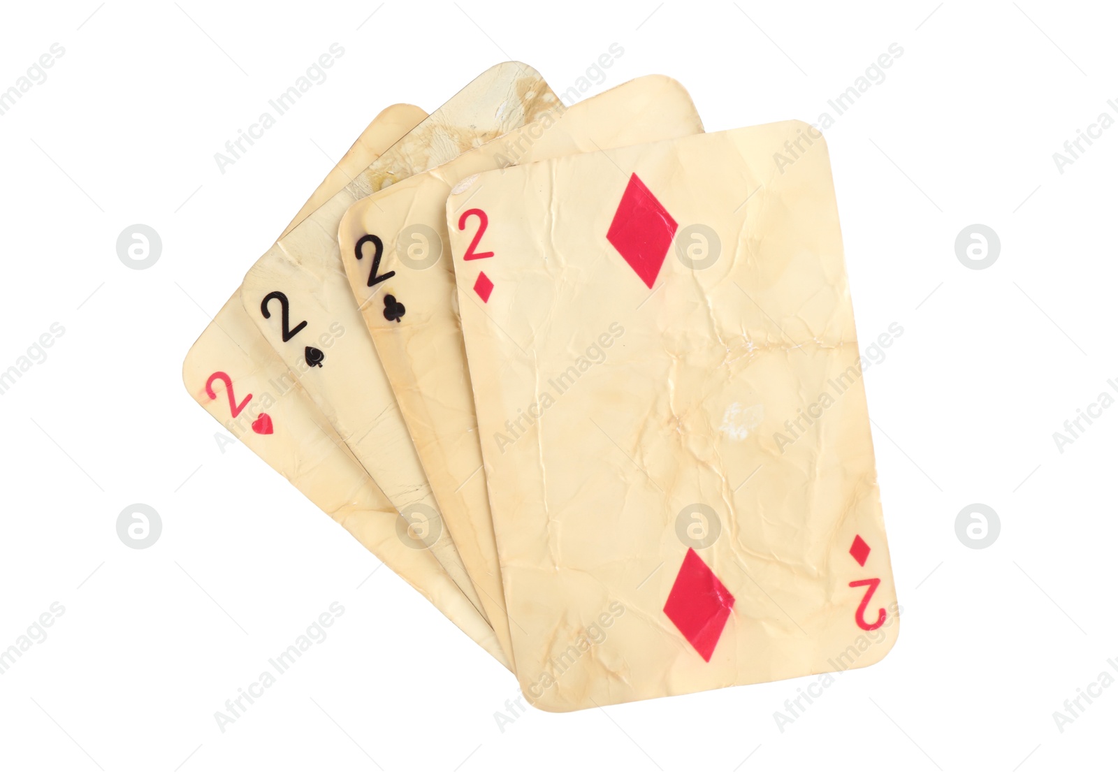 Old vintage playing cards isolated on white Photo of Old vintage playing cards isolated on white