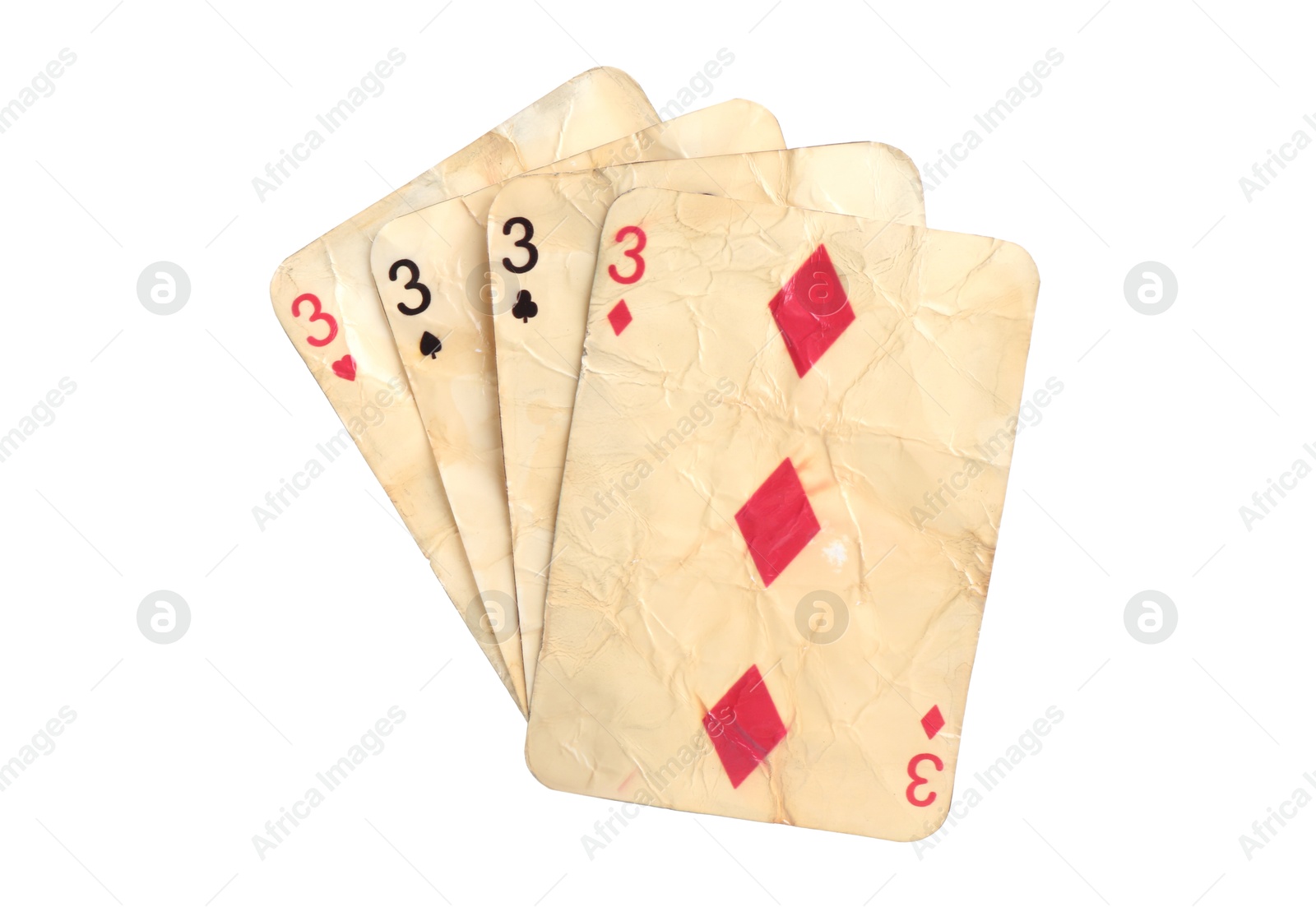 Old vintage playing cards isolated on white Photo of Old vintage playing cards isolated on white