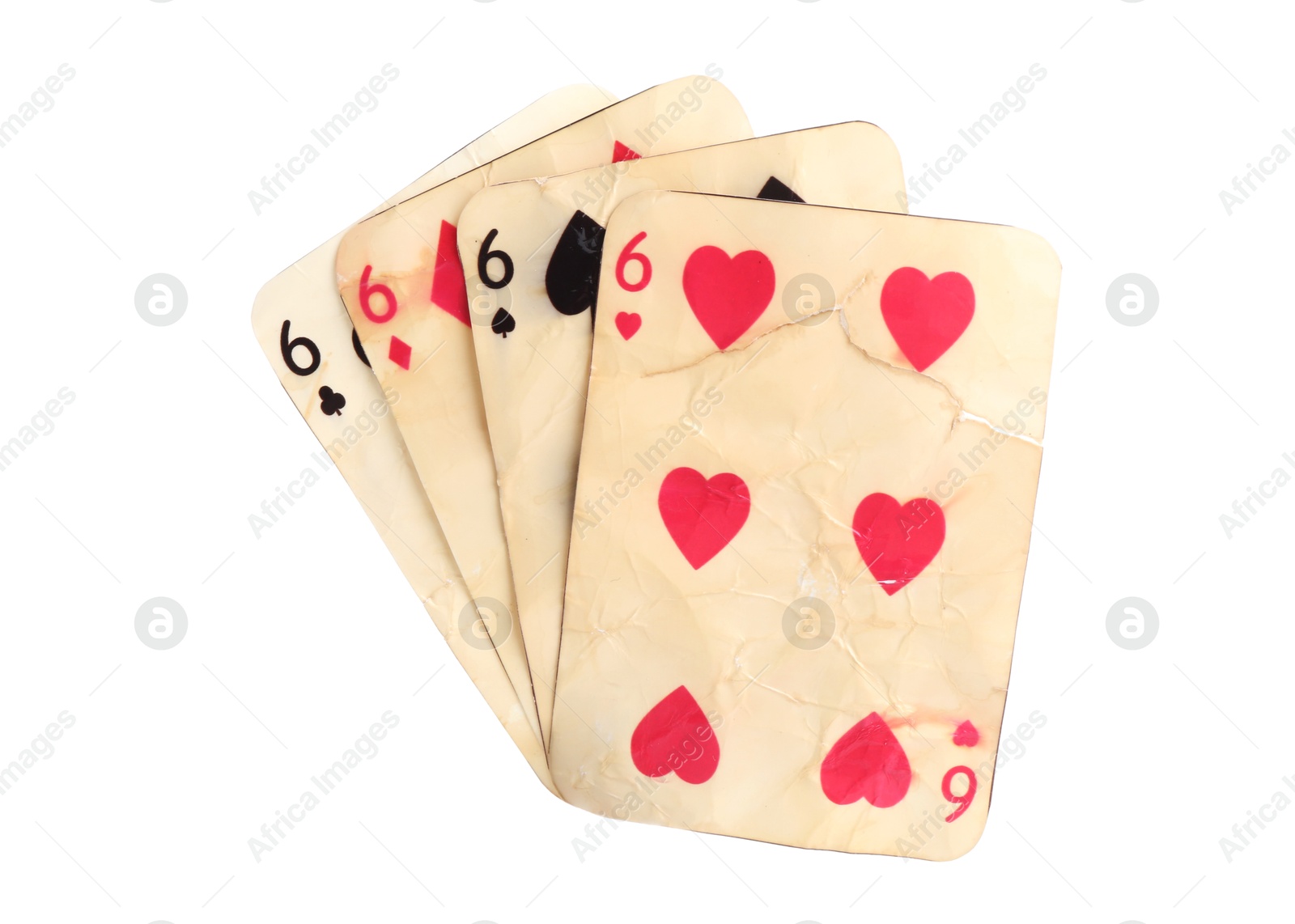 Old vintage playing cards isolated on white Photo of Old vintage playing cards isolated on white
