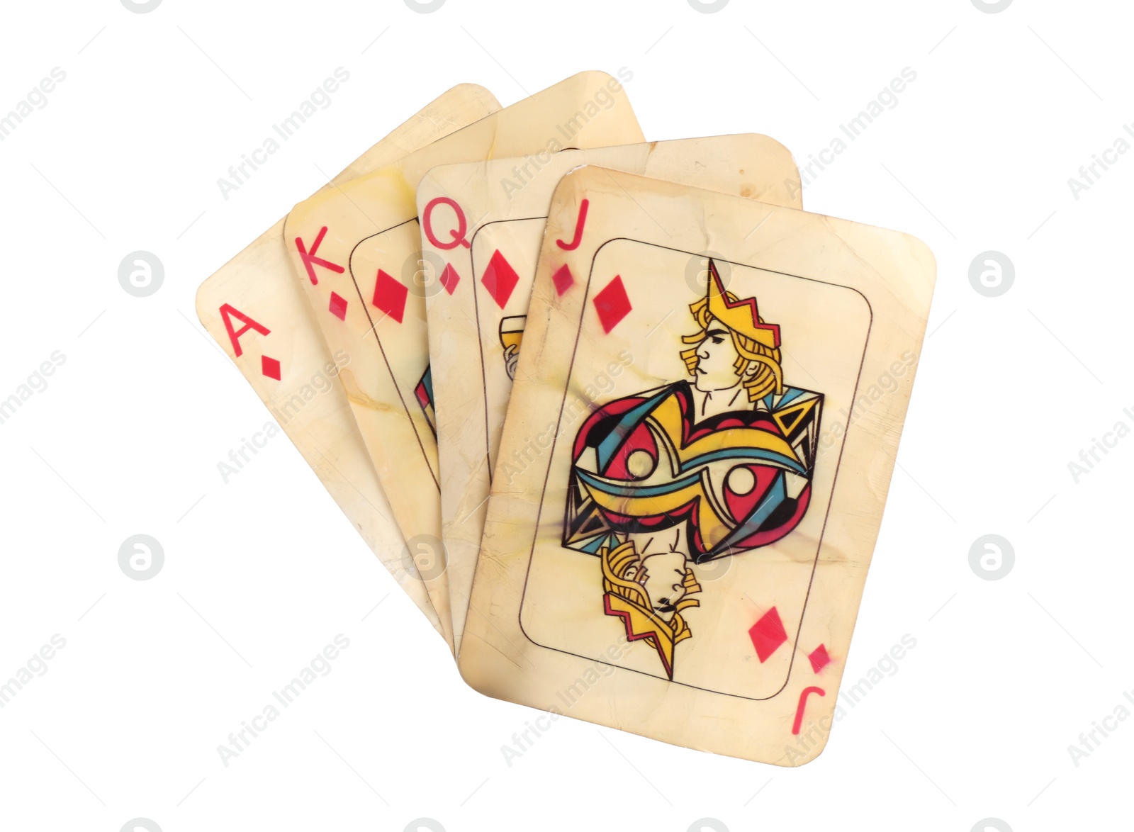 Old vintage playing cards isolated on white Photo of Old vintage playing cards isolated on white