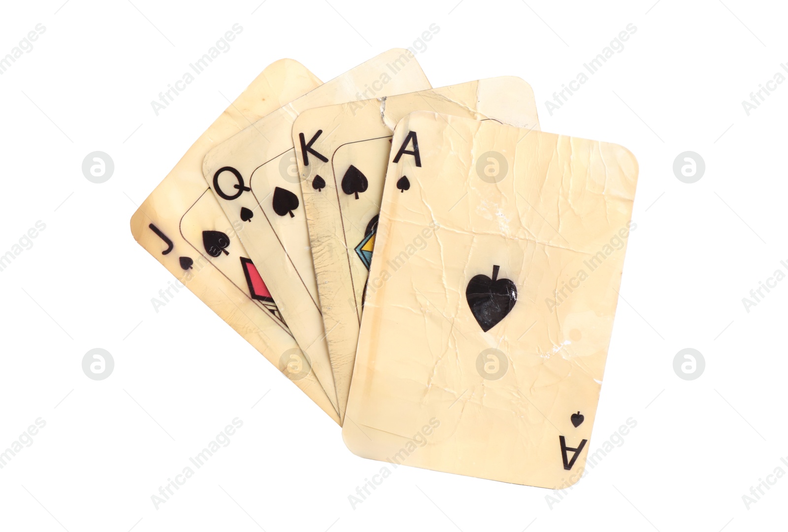 Old vintage playing cards isolated on white Photo of Old vintage playing cards isolated on white