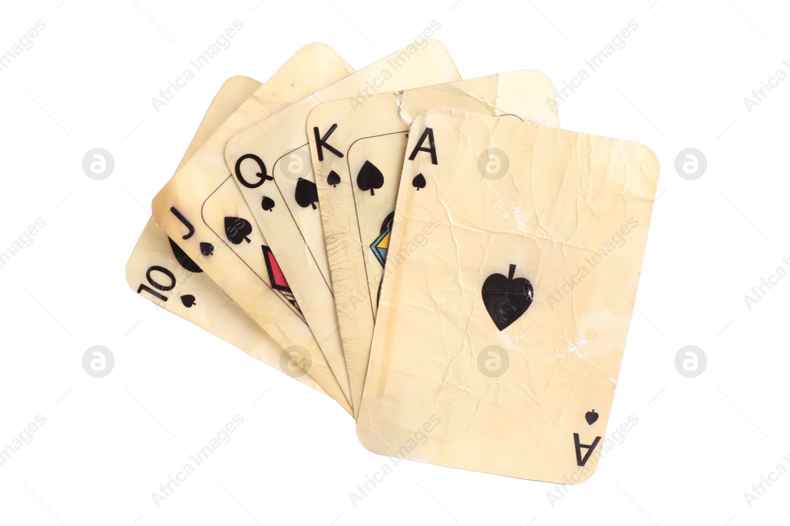 Old vintage playing cards isolated on white Photo of Old vintage playing cards isolated on white