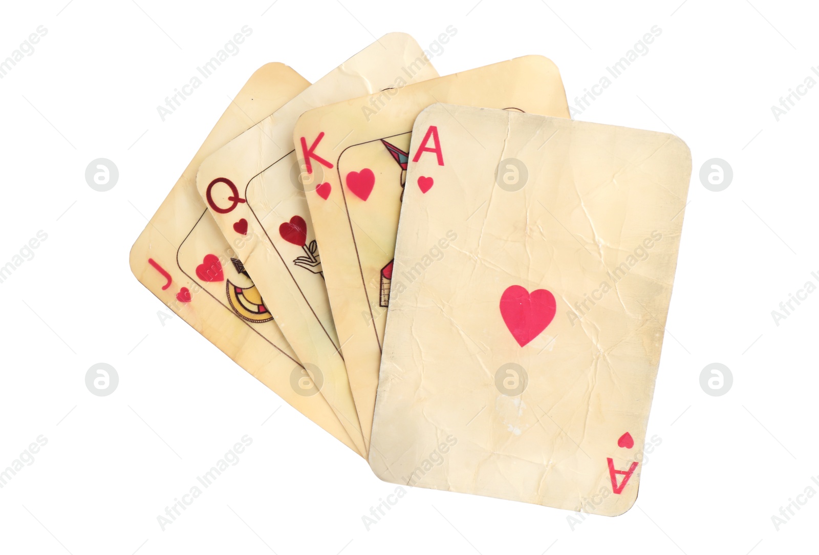 Old vintage playing cards isolated on white Photo of Old vintage playing cards isolated on white