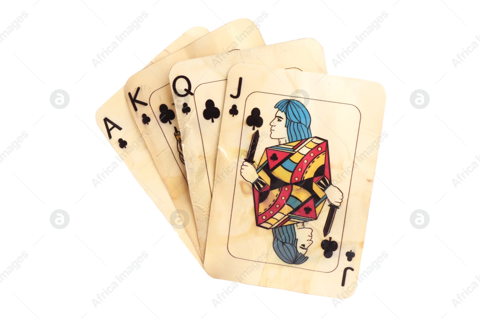 Old vintage playing cards isolated on white Photo of Old vintage playing cards isolated on white