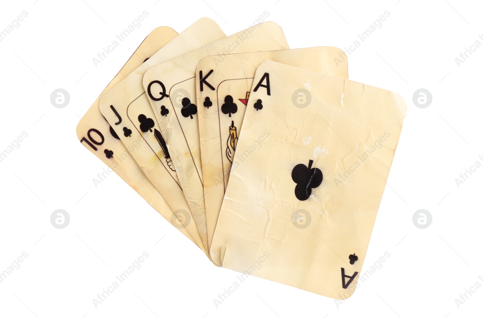 Old vintage playing cards isolated on white Photo of Old vintage playing cards isolated on white