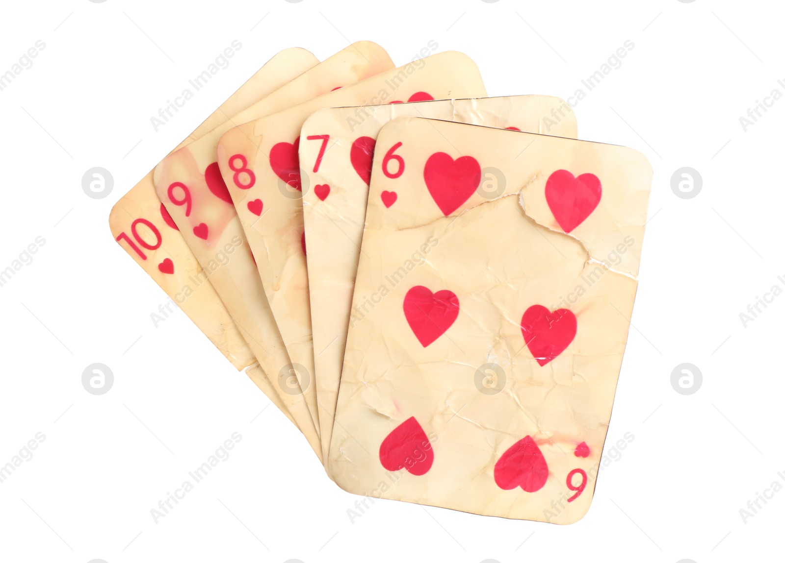 Old vintage playing cards isolated on white Photo of Old vintage playing cards isolated on white