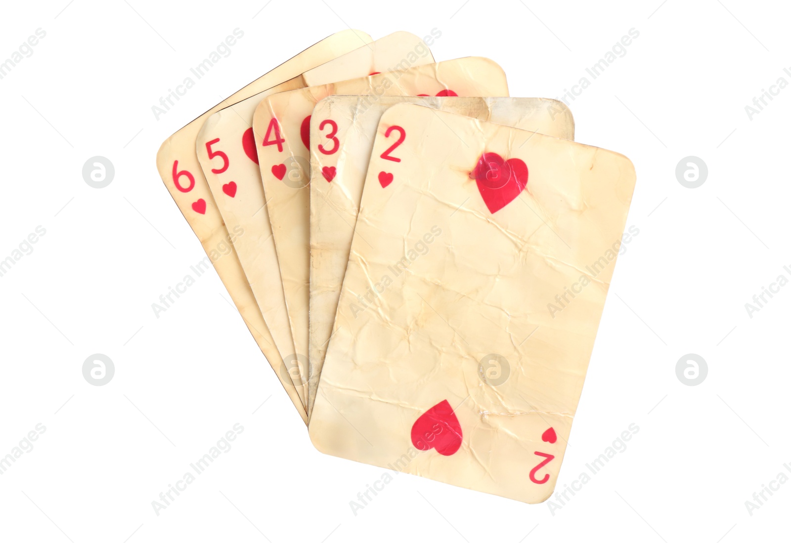 Old vintage playing cards isolated on white Photo of Old vintage playing cards isolated on white