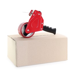Photo of Dispenser with adhesive tape on cardboard box against white background
