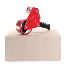 Photo of Dispenser with adhesive tape on cardboard box against white background