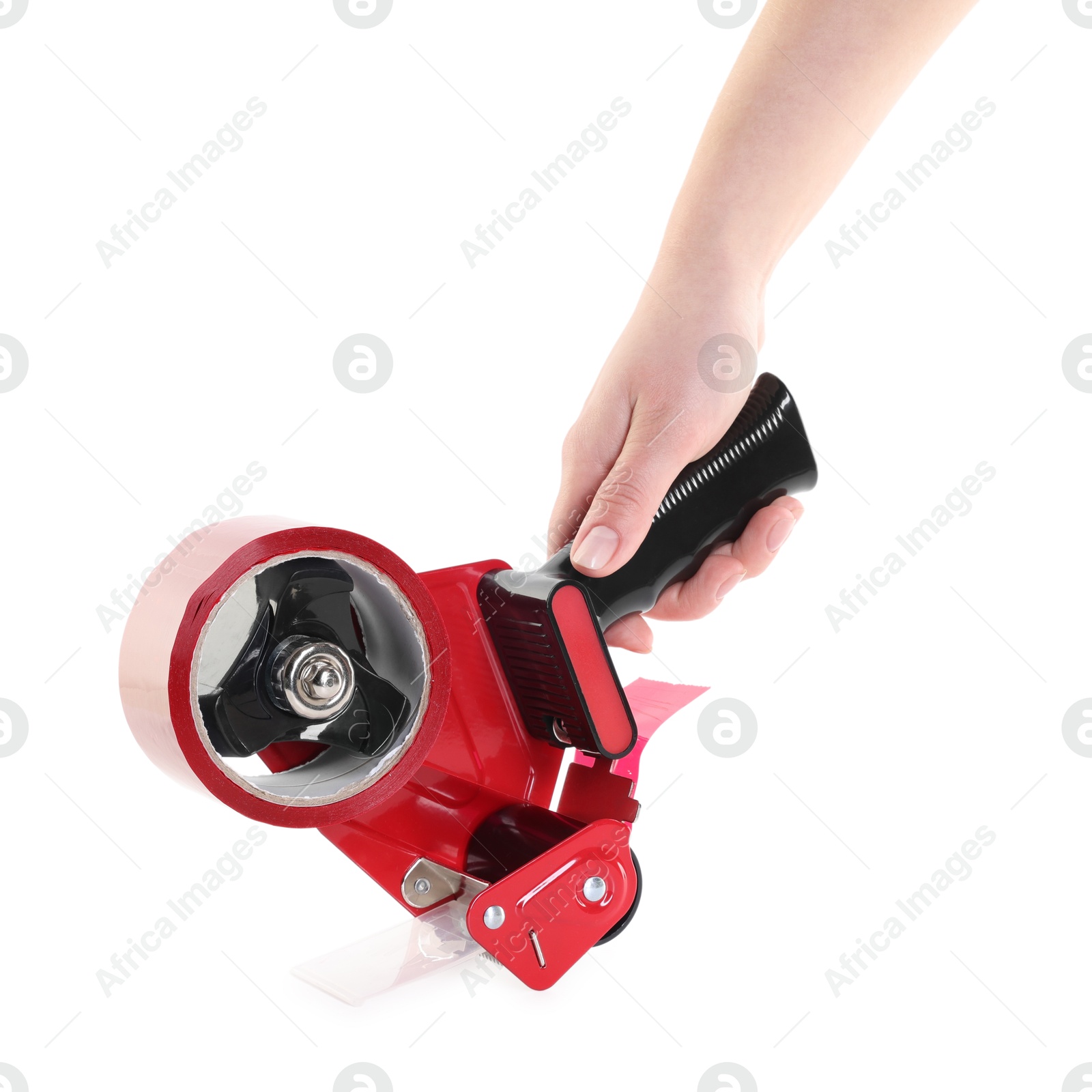 Photo of Woman holding dispenser with adhesive tape on white background, closeup