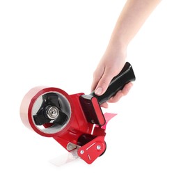 Photo of Woman holding dispenser with adhesive tape on white background, closeup