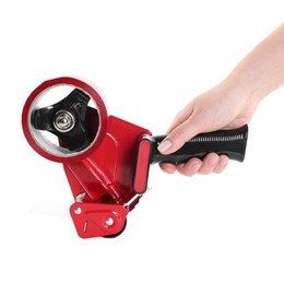 Photo of Woman holding dispenser with adhesive tape on white background, closeup