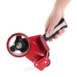 Photo of Woman holding dispenser with adhesive tape on white background, closeup