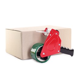 Photo of Dispenser with adhesive tape on cardboard box against white background