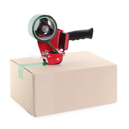Photo of Dispenser with adhesive tape on cardboard box against white background