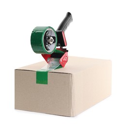 Photo of Dispenser with adhesive tape on cardboard box against white background