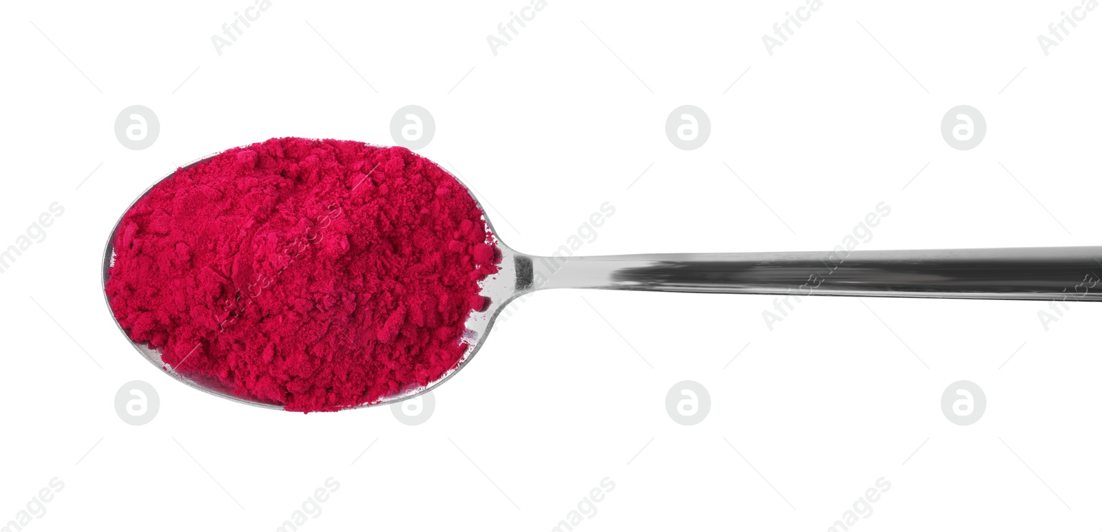 Superfood product. Beetroot powder in spoon isolated on white, top view Photo of Superfood product. Beetroot powder in spoon isolated on white, top view