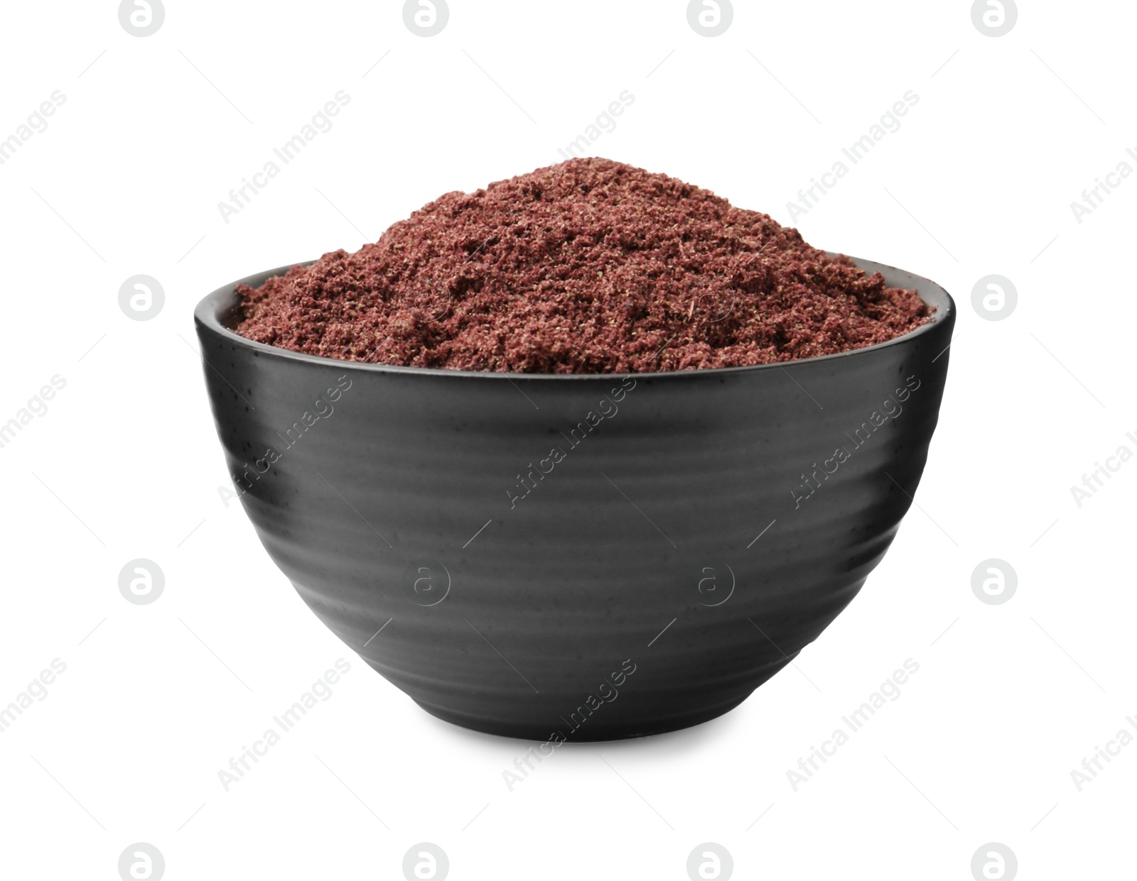 Superfood. Black currant powder in bowl isolated on white Photo of Superfood. Black currant powder in bowl isolated on white