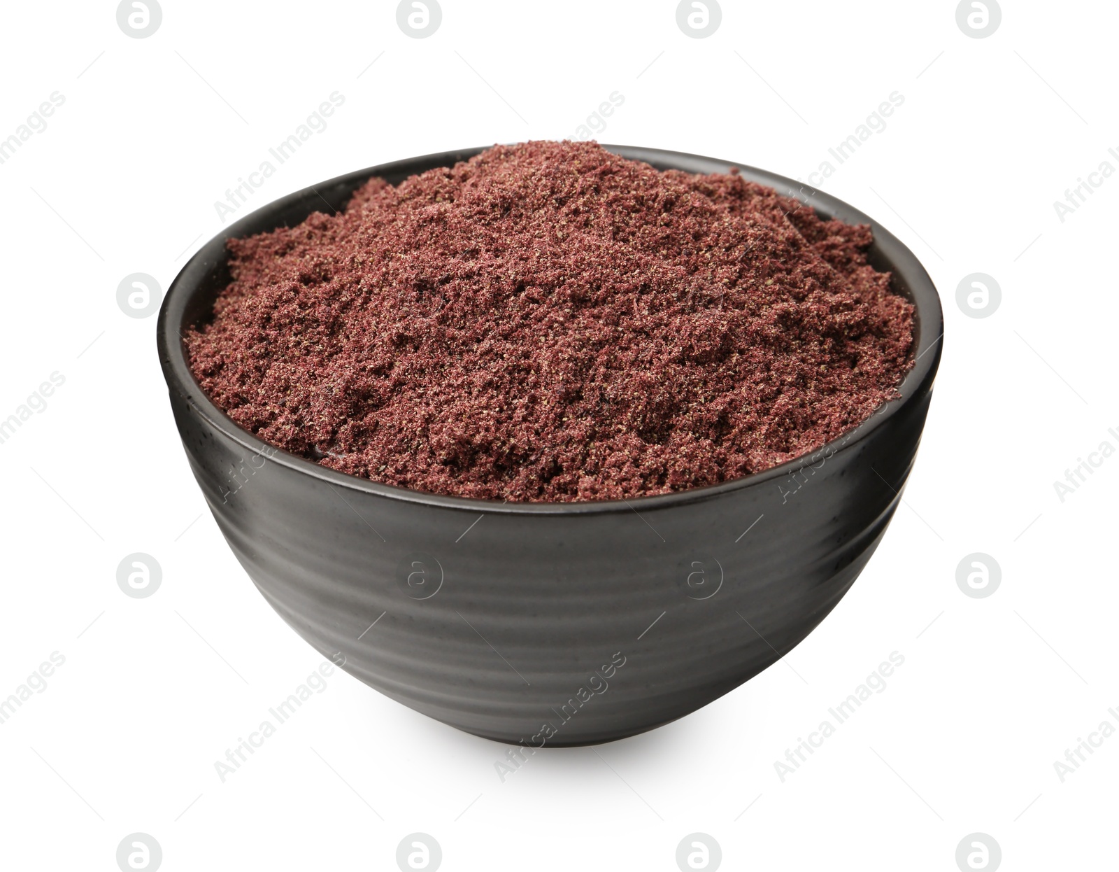 Superfood. Black currant powder in bowl isolated on white Photo of Superfood. Black currant powder in bowl isolated on white