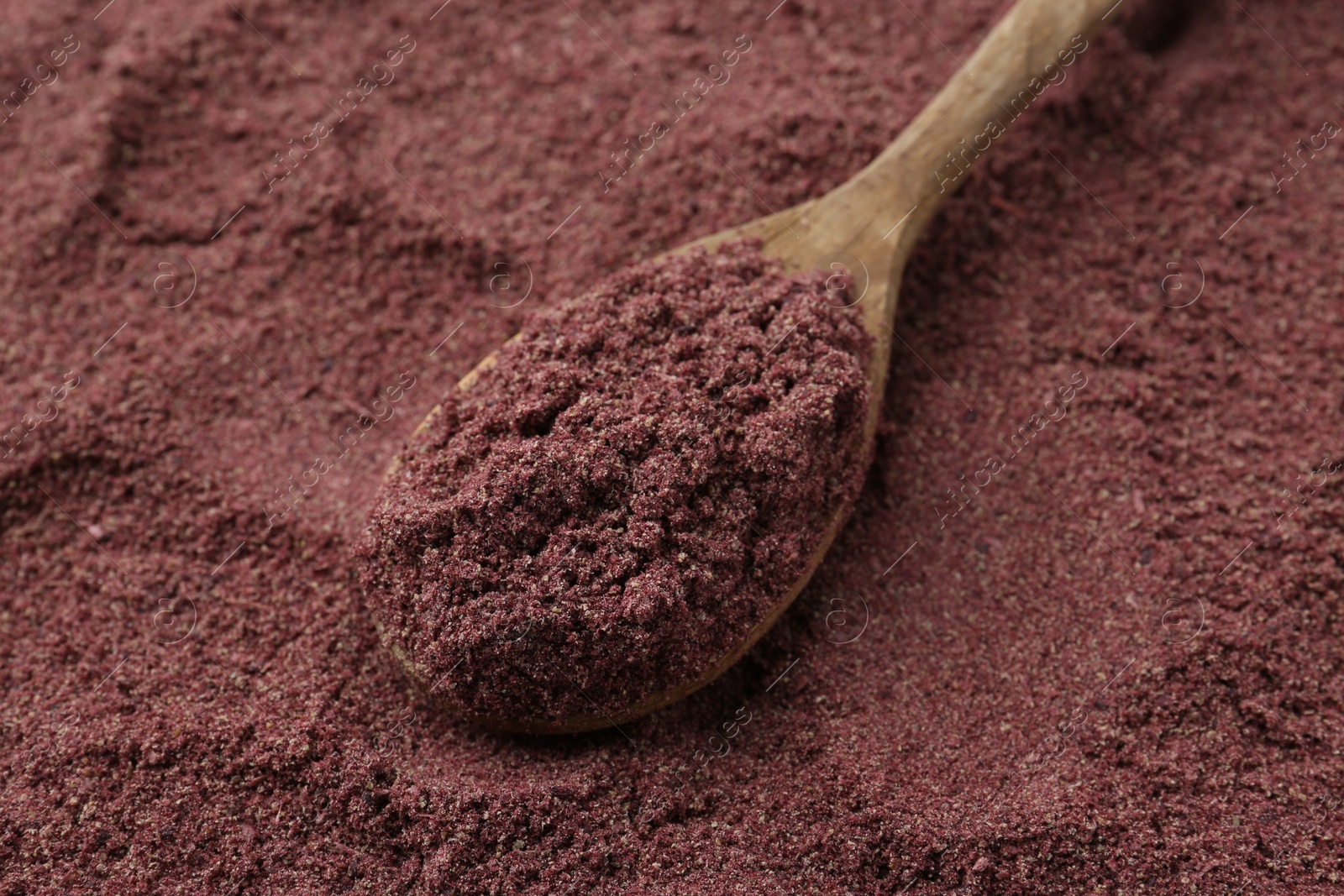 Superfood. Black currant powder and spoon, closeup Photo of Superfood. Black currant powder and spoon, closeup
