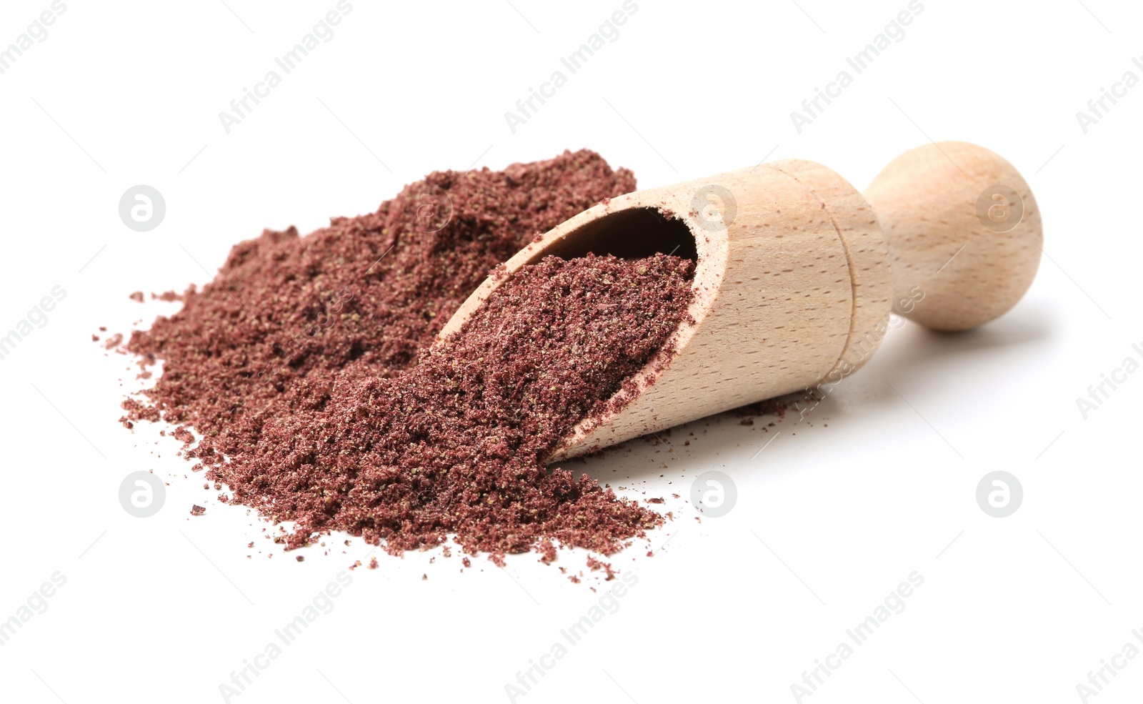 Superfood. Pile of black currant powder and scoop isolated on white Photo of Superfood. Pile of black currant powder and scoop isolated on white