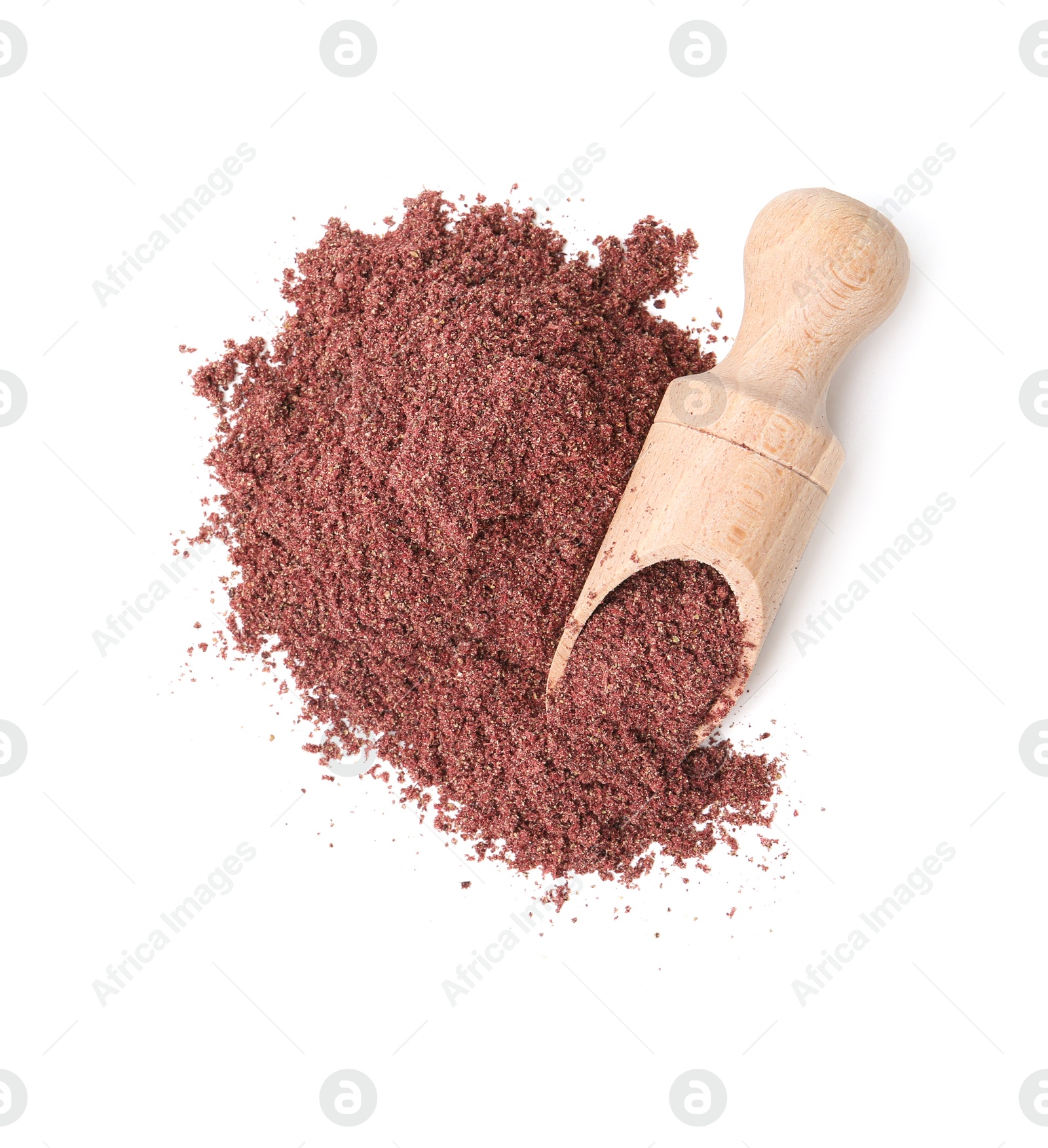Superfood. Pile of black currant powder and scoop isolated on white, top view Photo of Superfood. Pile of black currant powder and scoop isolated on white, top view