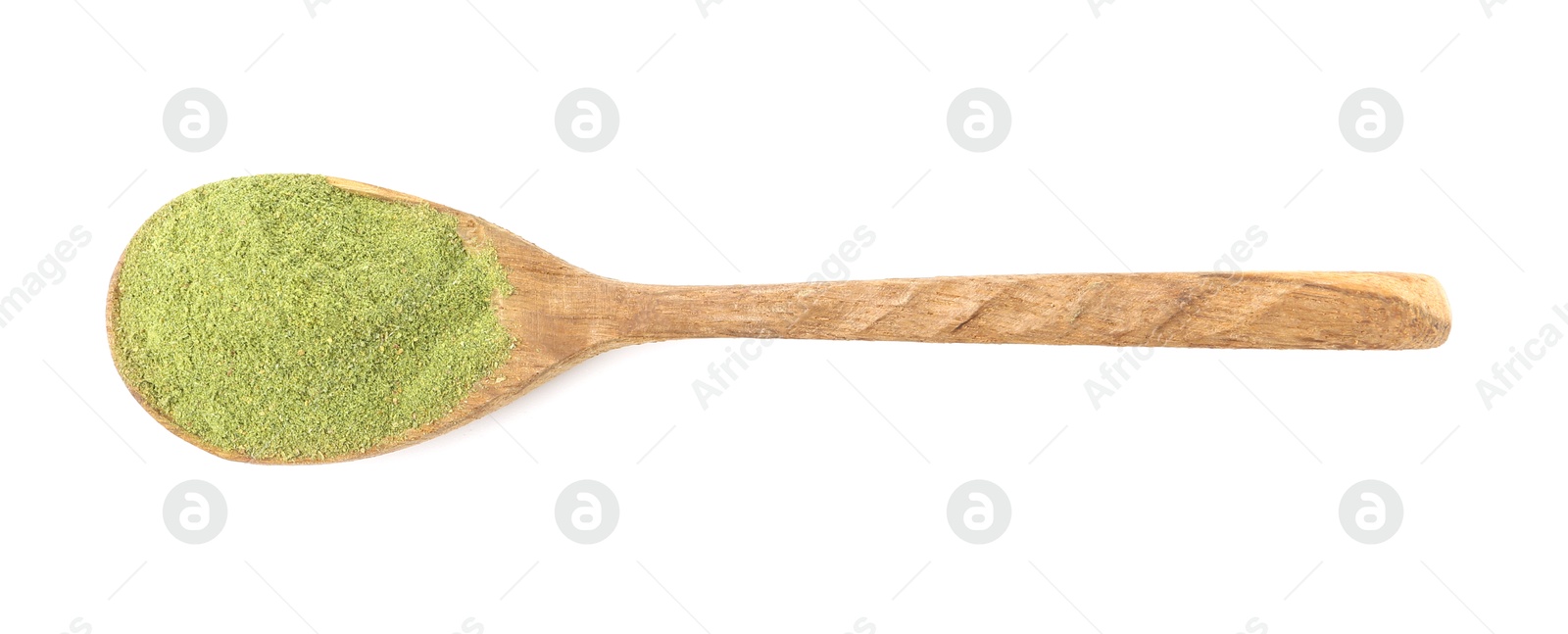 Superfood. Green onion powder isolated on white, top view Photo of Superfood. Green onion powder isolated on white, top view