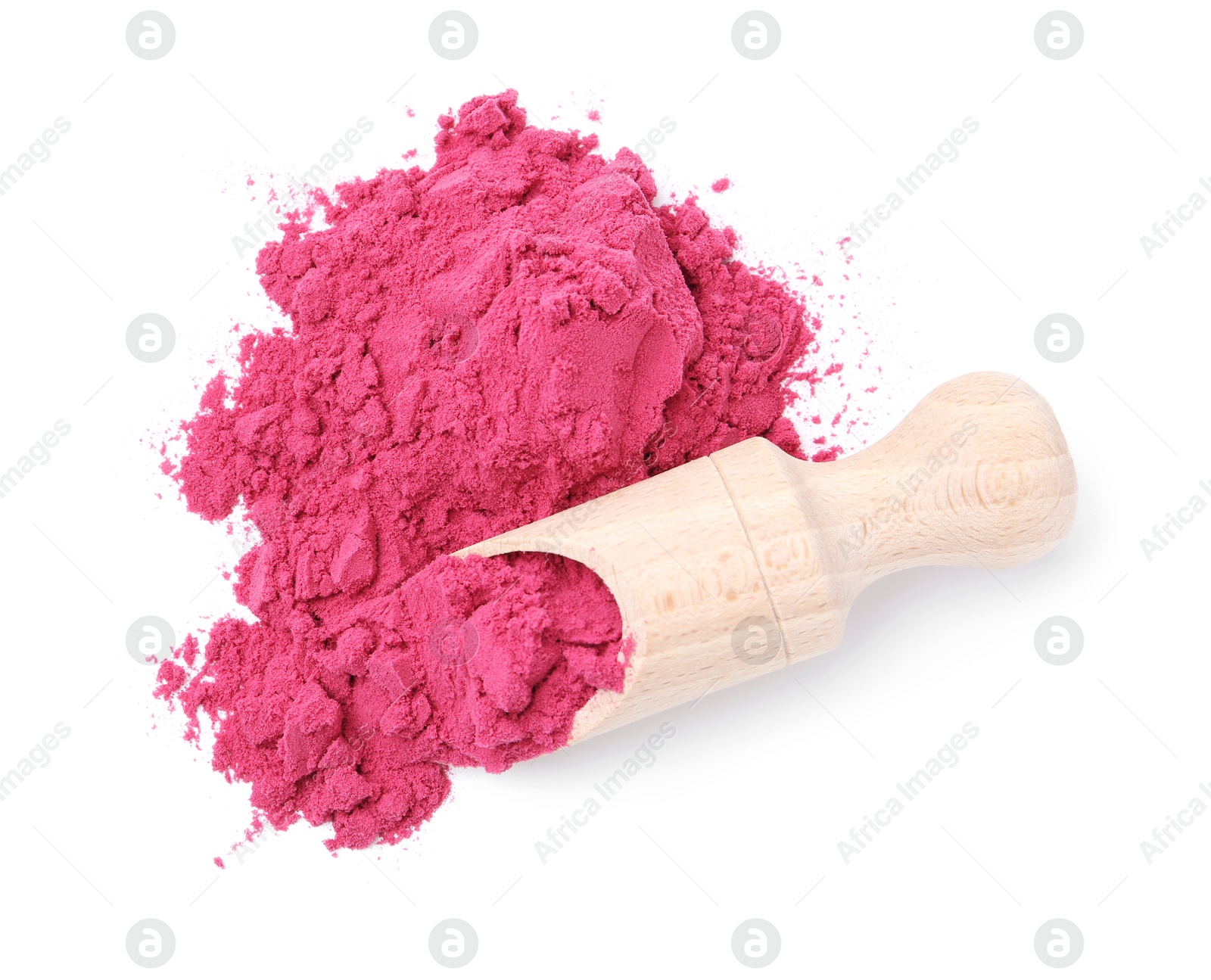 Superfood. Acai powder and scoop isolated on white, top view Photo of Superfood. Acai powder and scoop isolated on white, top view