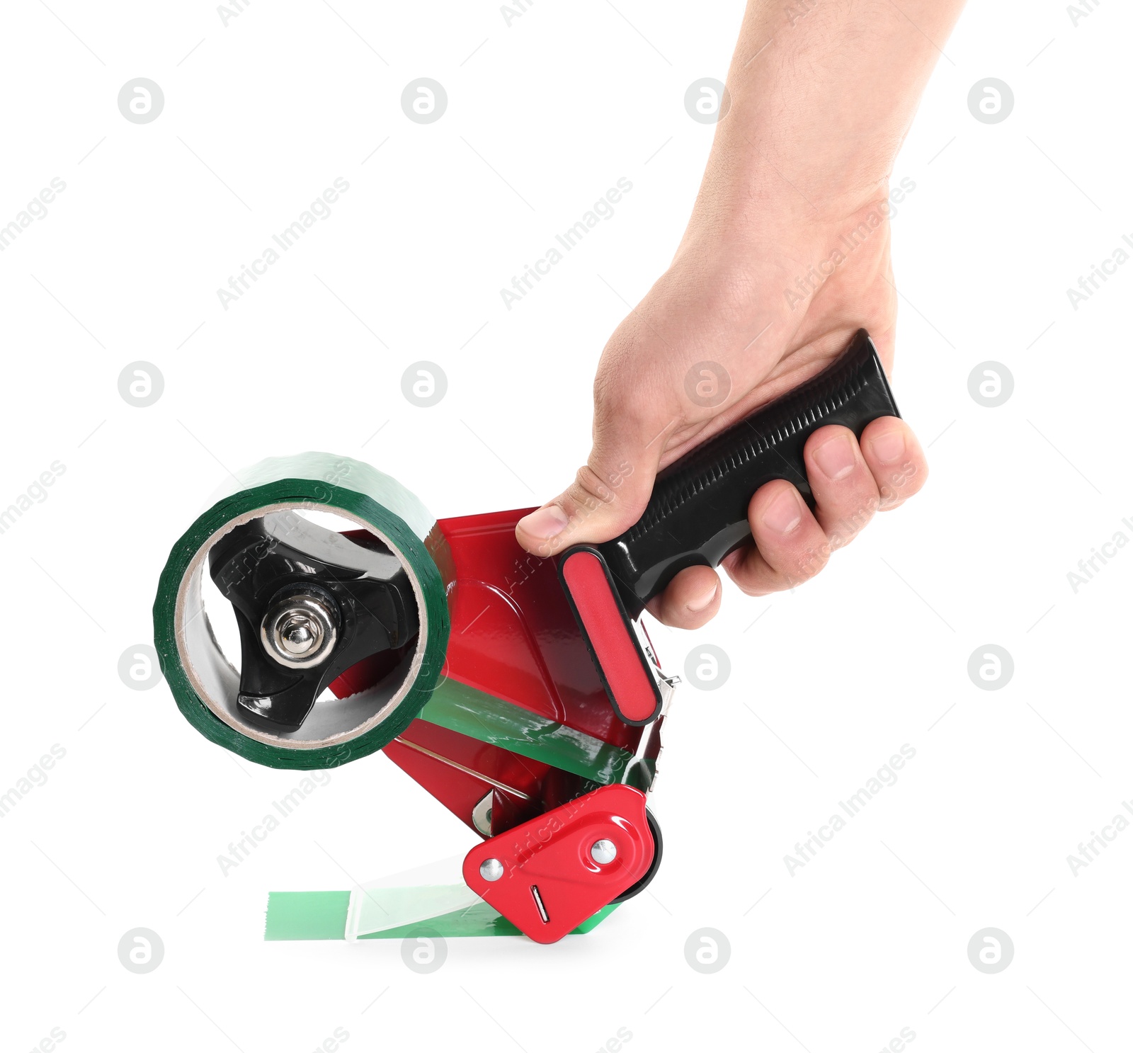 Photo of Man holding dispenser with adhesive tape on white background, closeup