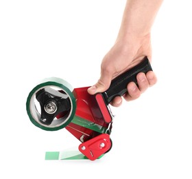 Photo of Man holding dispenser with adhesive tape on white background, closeup