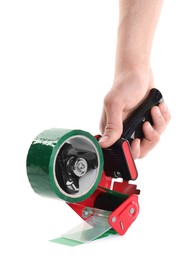 Photo of Man holding dispenser with adhesive tape on white background, closeup