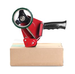 Photo of Dispenser with adhesive tape on cardboard box against white background