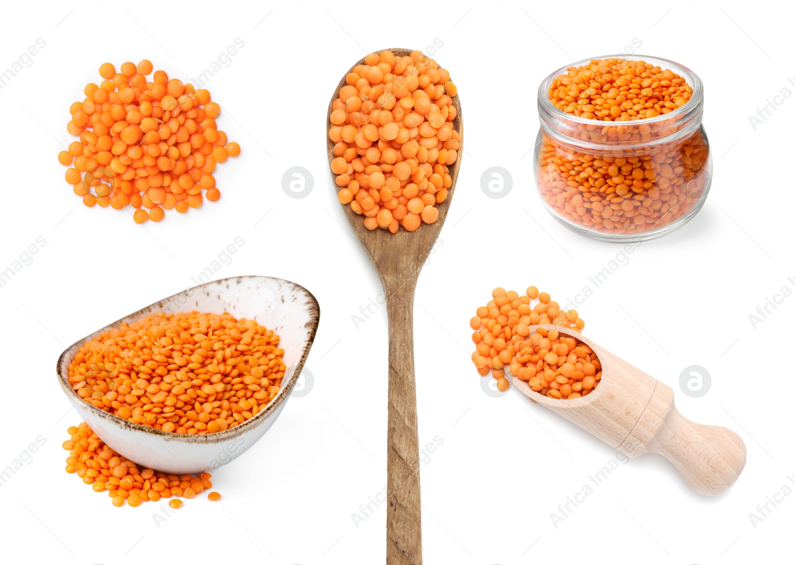 Dry red lentils isolated on white, set Image of Dry red lentils isolated on white, set